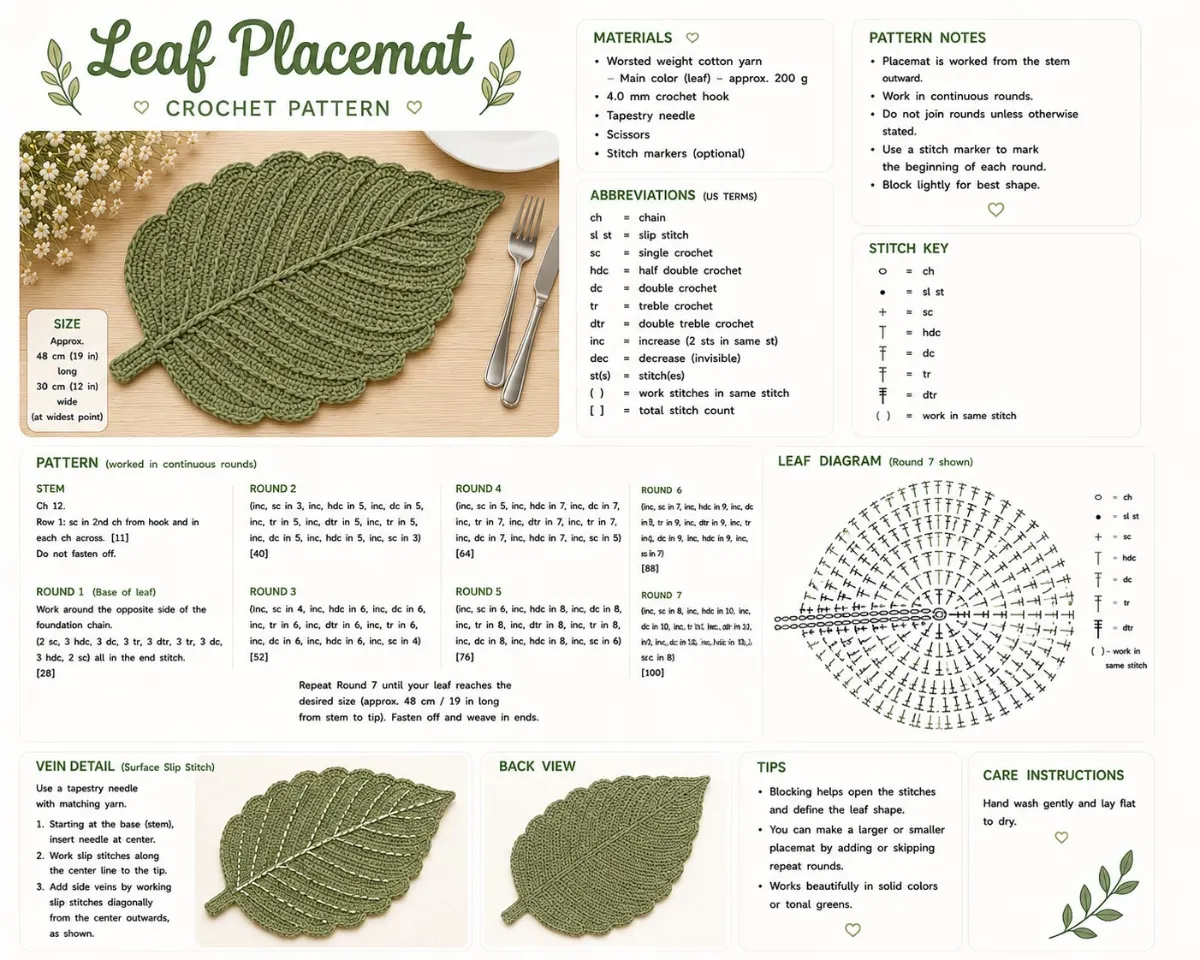 Free step-by-step home decor pattern for Leaf Placemat Crochet Pattern